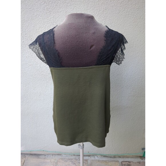 Olive Green Top Babydoll Med Lace Shoulder Whimsey Goth Career Capsule Travel - Picture 2 of 9
